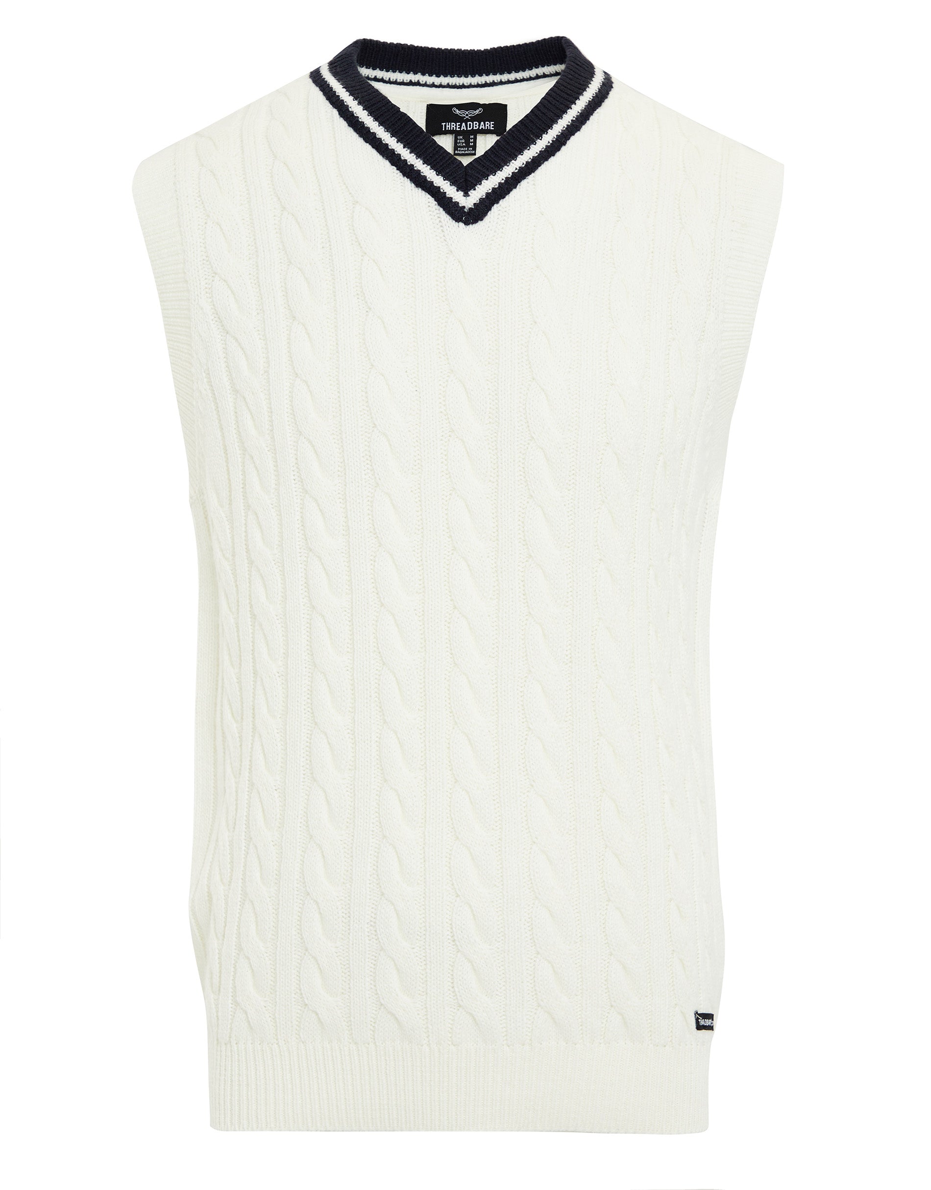 Threadbare Men's White Contrast Neck Cable Knit V Neck Sleeveless