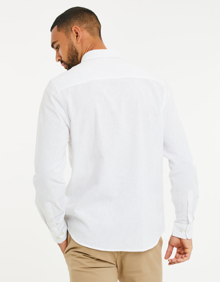 White Long Sleeve Linen Blend Shirt