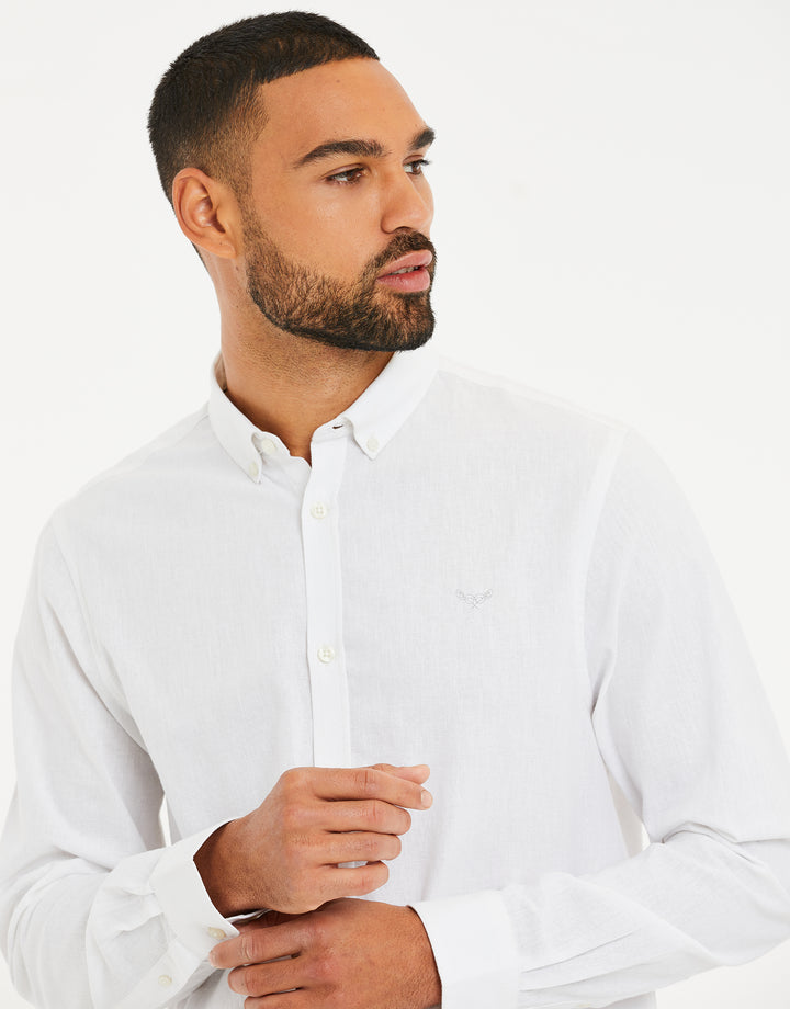 White Long Sleeve Linen Blend Shirt
