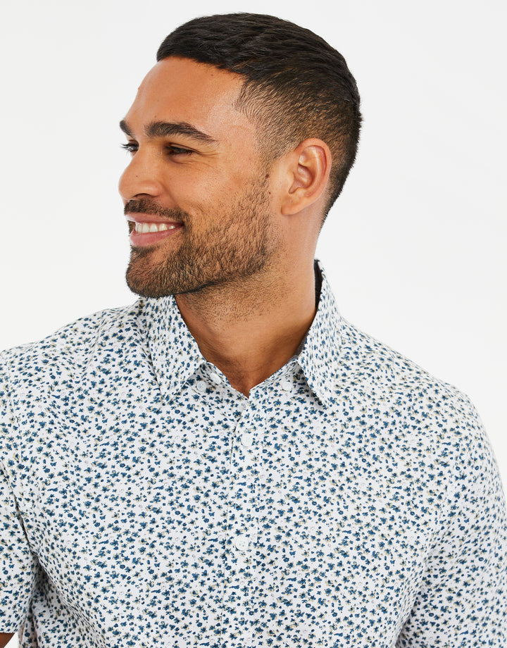 White Floral Print Short Sleeve Shirt
