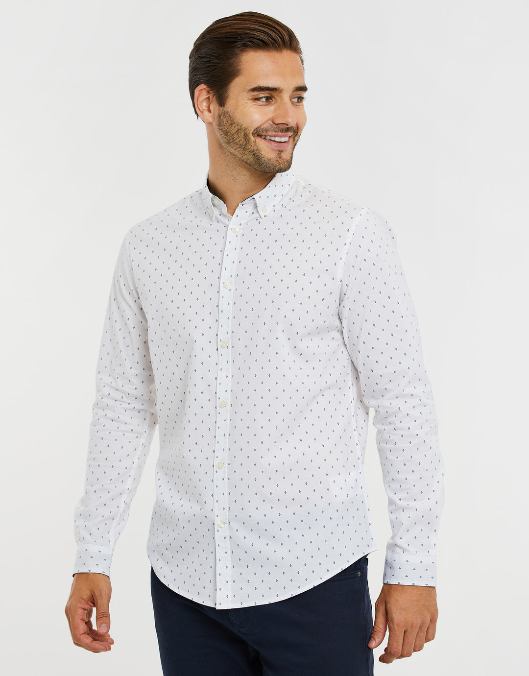 White Geometric Print Long Sleeve Shirt