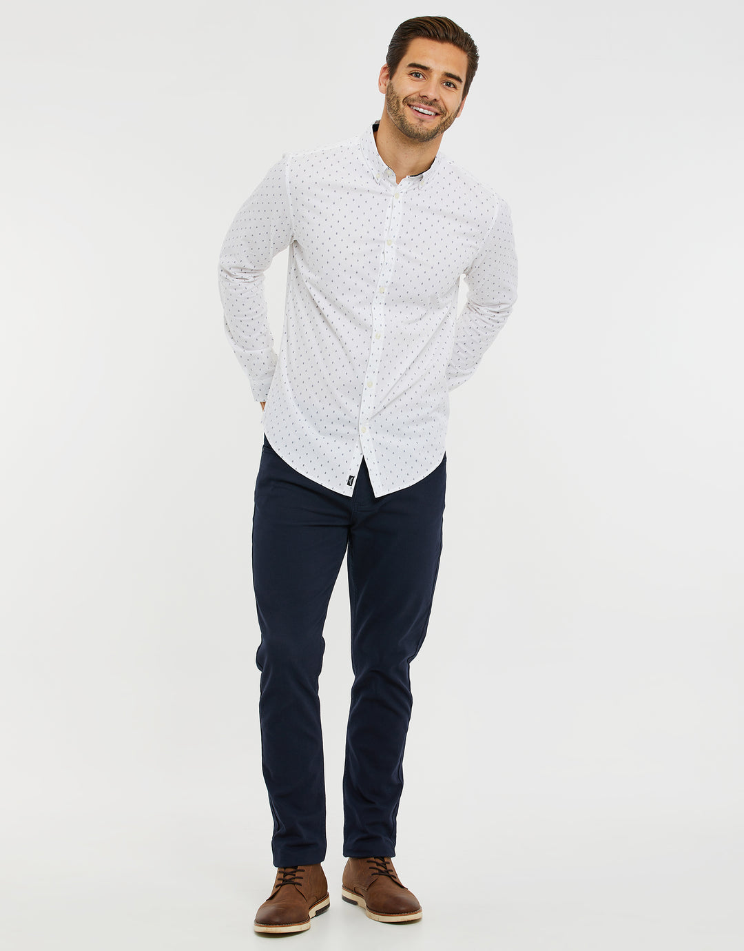 White Geometric Print Long Sleeve Shirt