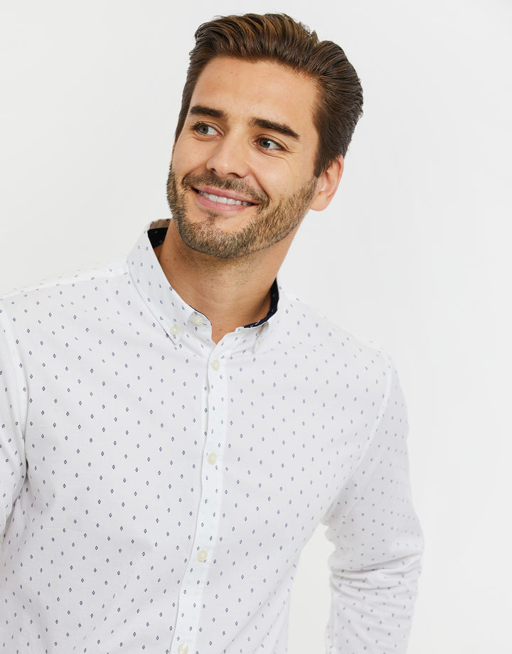 White Geometric Print Long Sleeve Shirt