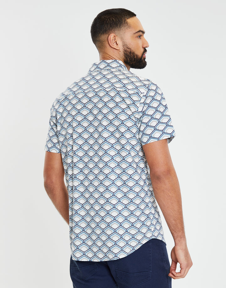 White Geometric Print Short Sleeve Shirt