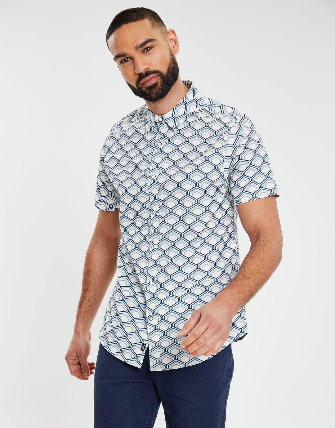 White Geometric Print Short Sleeve Shirt