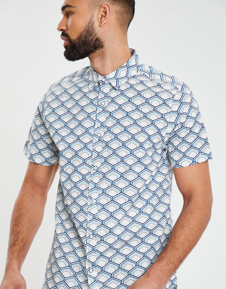 White Geometric Print Short Sleeve Shirt
