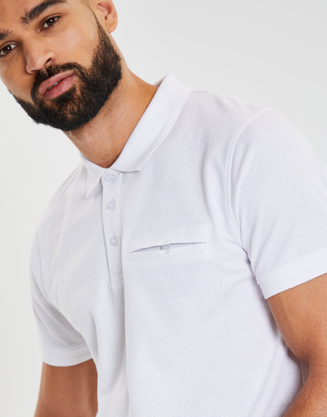 White Honeycomb Rib Jetted Pocket Polo Shirt