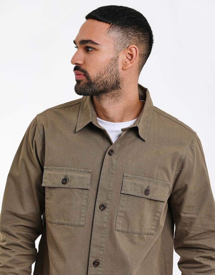 Khaki Green Relaxed Fit Lightweight Shacket