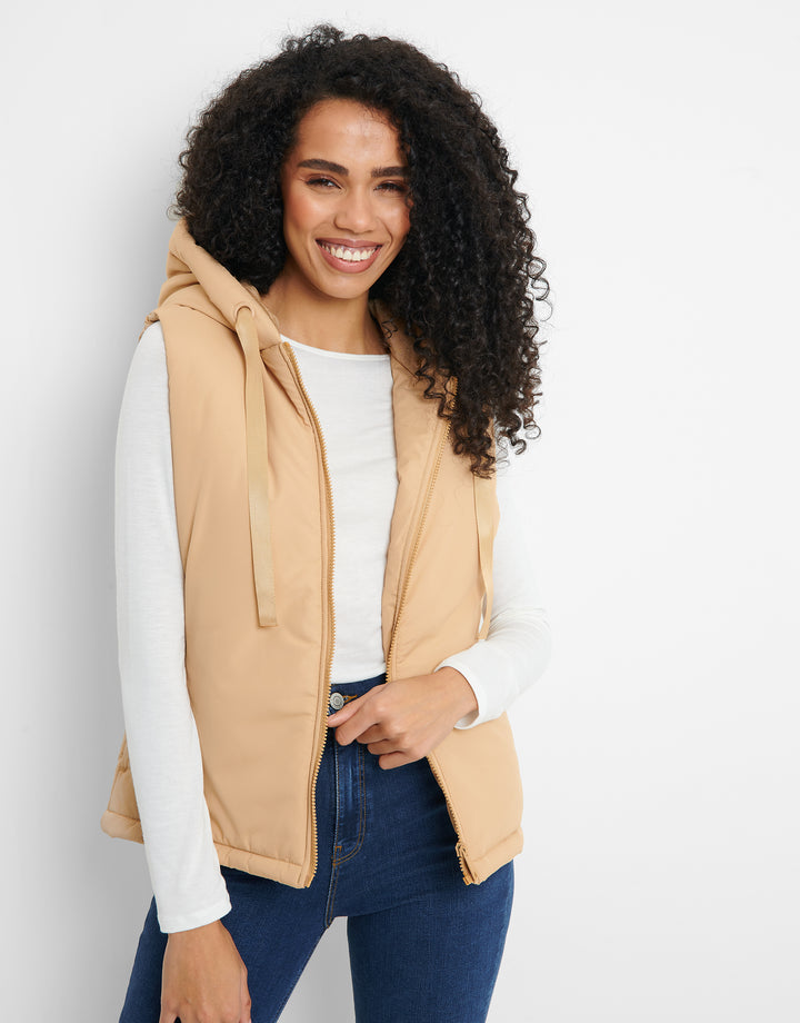 Tan Brown Hooded Padded Gilet