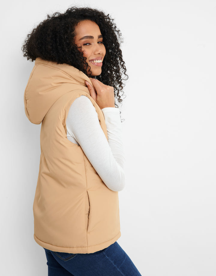 Tan Brown Hooded Padded Gilet