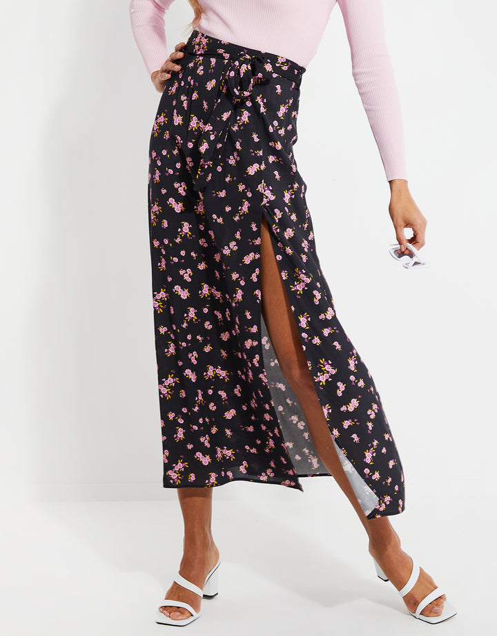 Black Ditsy Floral Print Wrap Midi Skirt