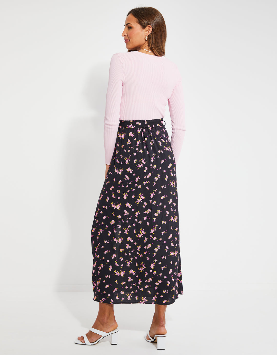 Black Ditsy Floral Print Wrap Midi Skirt