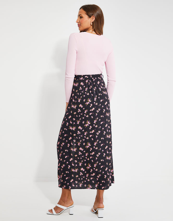 Black Ditsy Floral Print Wrap Midi Skirt