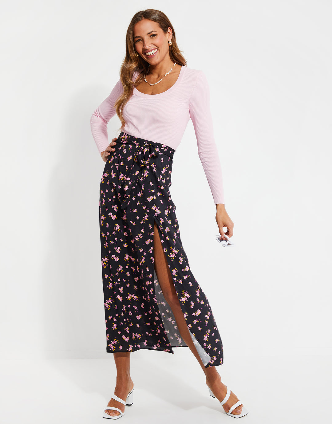 Black Ditsy Floral Print Wrap Midi Skirt