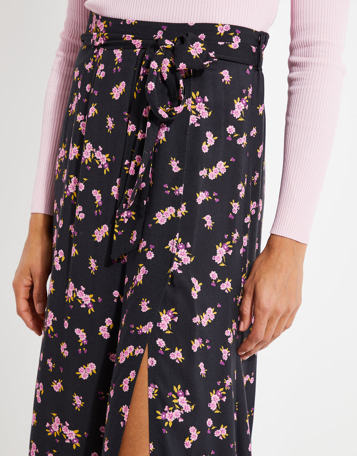 Black Ditsy Floral Print Wrap Midi Skirt