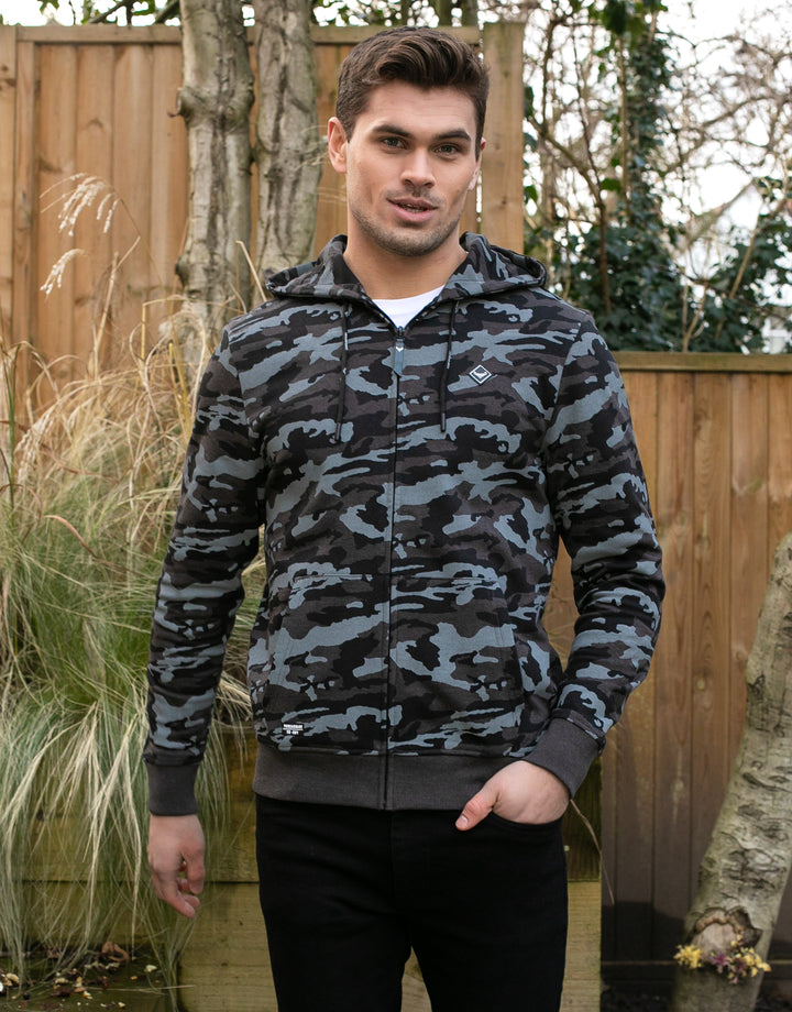 rafferty camo print zip through hoody