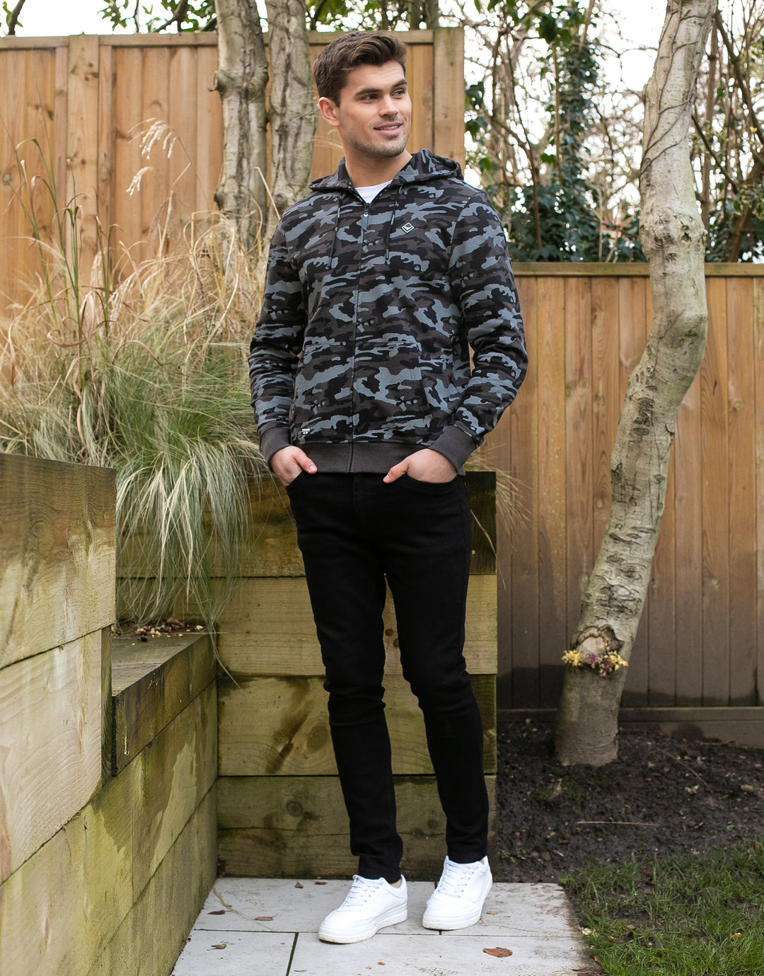 rafferty camo print zip through hoody