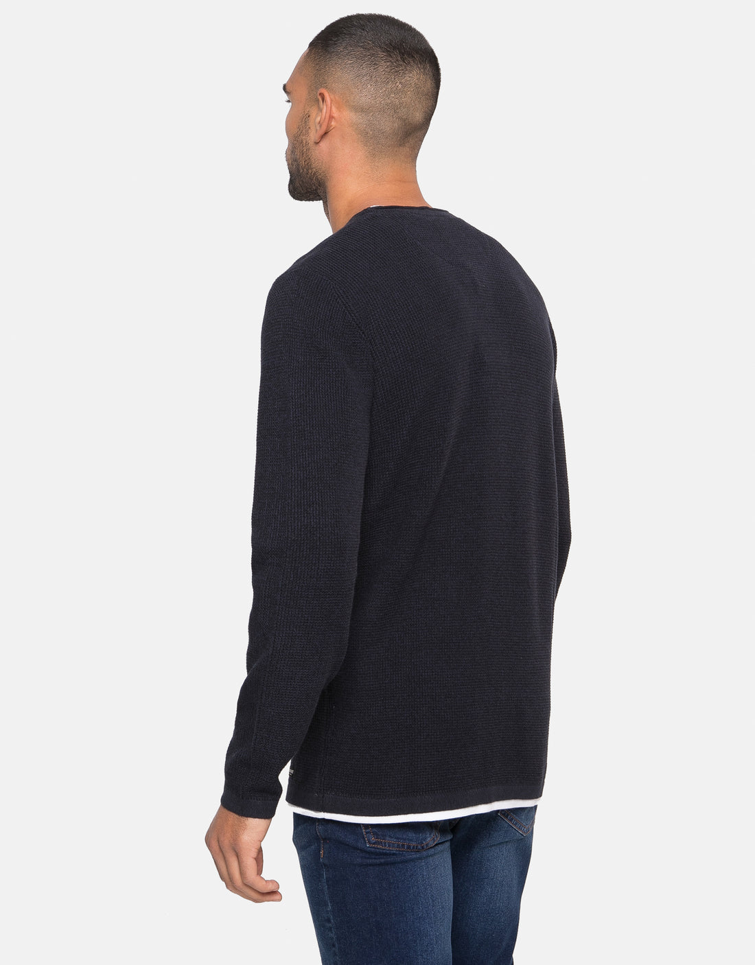 Men's Navy Blue Crew Neck Mock T-Shirt Knitted Jumper – Threadbare