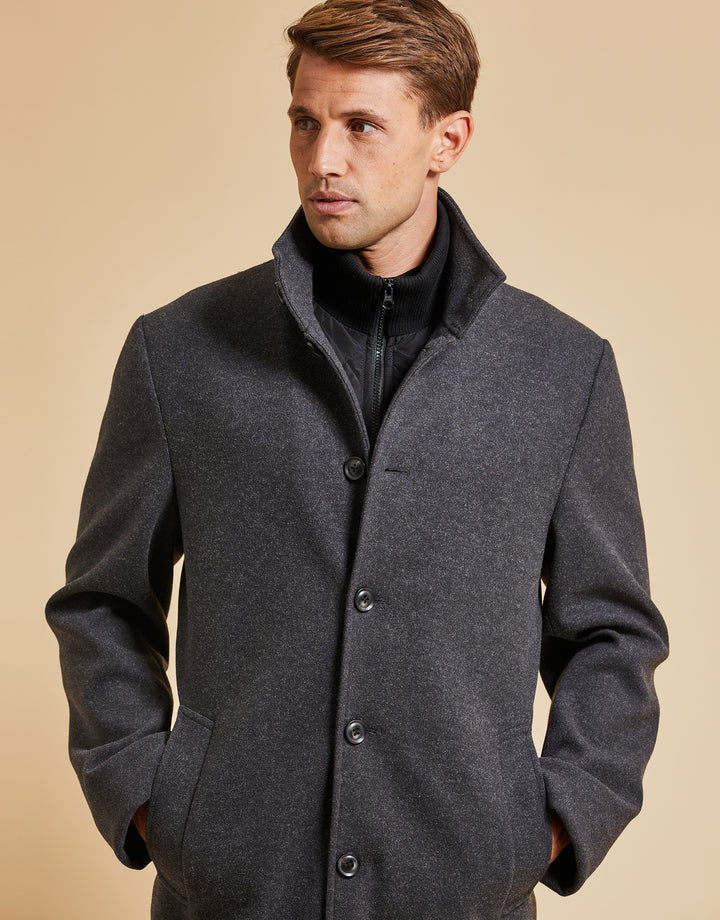 Threadbare Luxe Men's Charcoal Grey Funnel Neck Mock Layer Coat