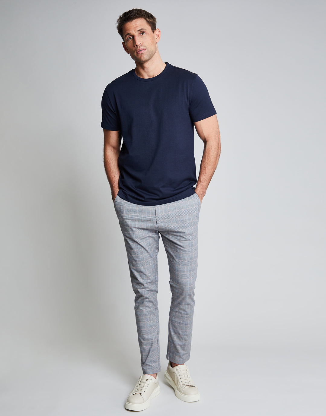Threadbare Luxe Men's Grey Check Stretch Chino Trousers