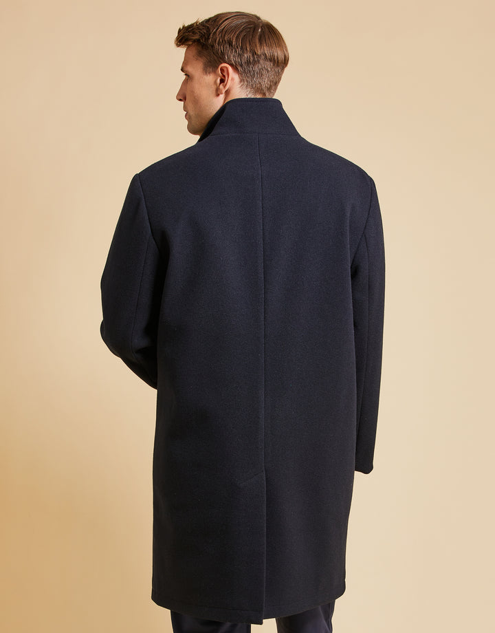 Threadbare Luxe Men's Navy Funnel Neck Tailored Coat
