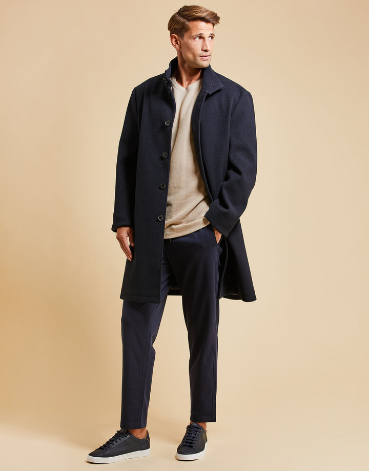 Threadbare Luxe Men's Navy Funnel Neck Tailored Coat