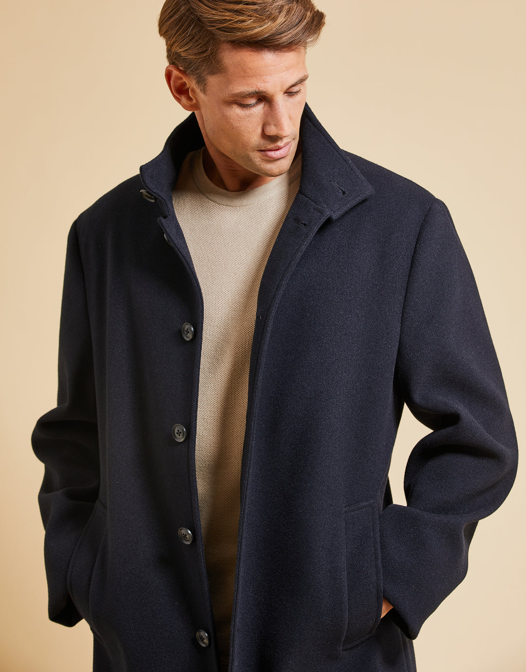 Threadbare Luxe Men's Navy Funnel Neck Tailored Coat