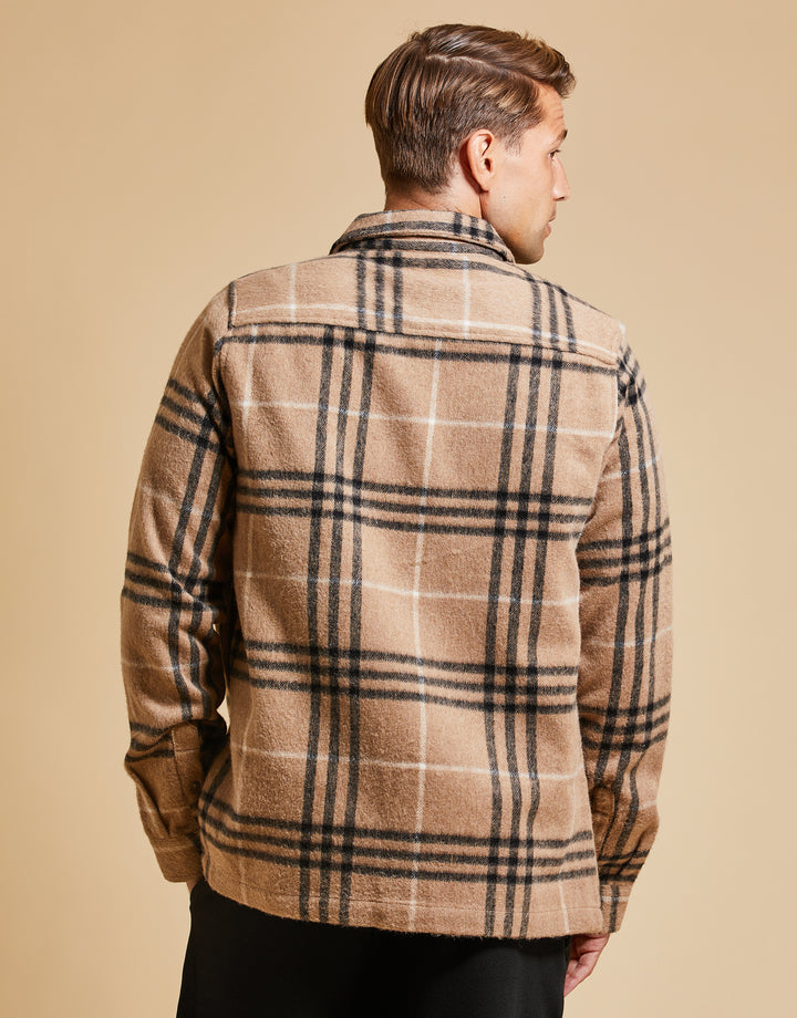 Threadbare Luxe Men's Brown Check Heavy Brushed Long Sleeve Shirt