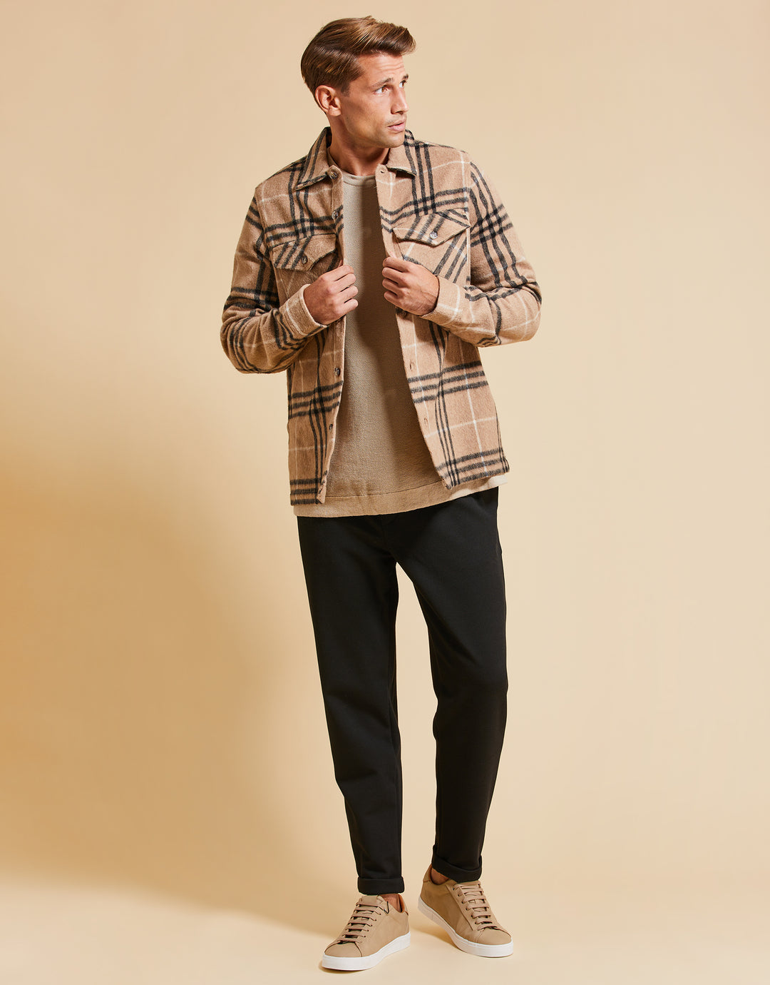 Threadbare Luxe Men's Brown Check Heavy Brushed Long Sleeve Shirt