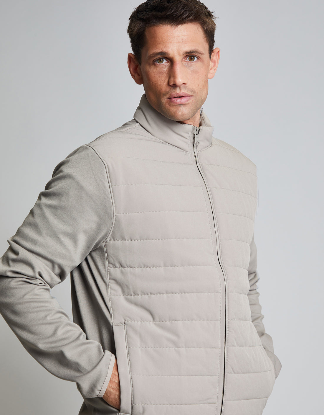 Threadbare Luxe Men's Stone Quilted Lightweight Funnel Neck Jacket