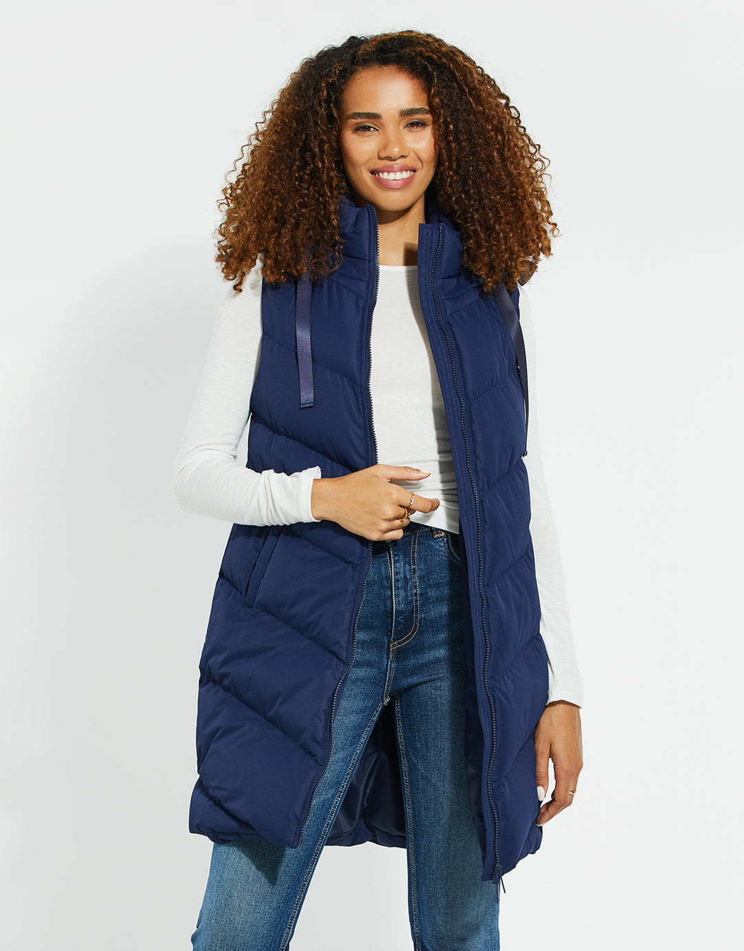 Threadbare Women's Navy Blue Longline Gilet Chevron Padded Quilted