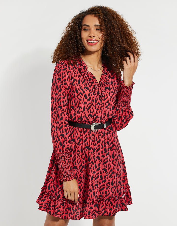 Red Animal Print Belted Ruffle Mini Dress
