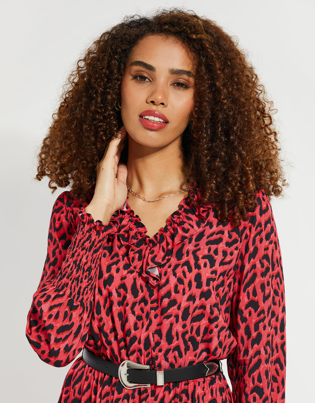 Red Animal Print Belted Ruffle Mini Dress