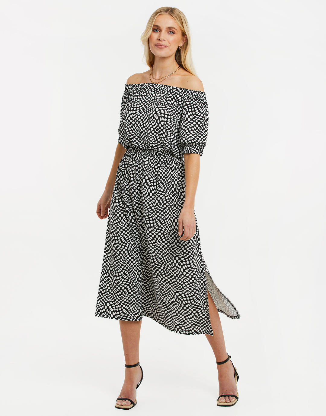 Threadbare Women's Black Abstract Polka Dot Print Jersey Bardot Midi Dress Threadbare Women's Black Abstract Polka Dot Print Jersey Bardot Midi Dress