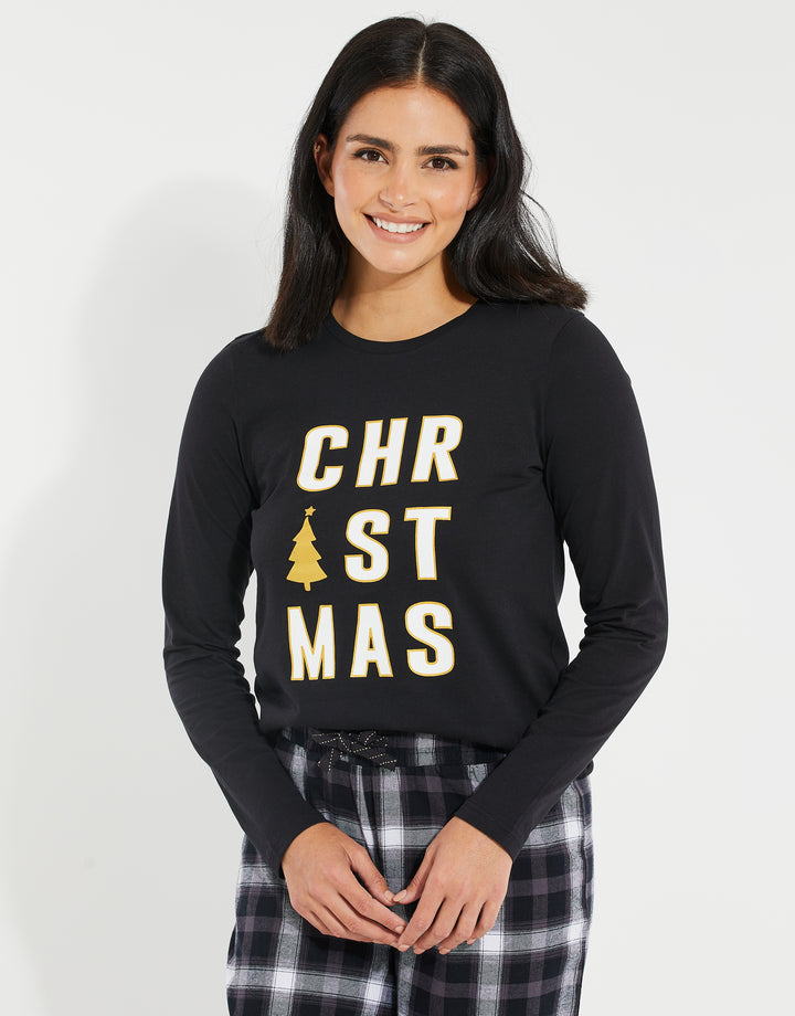 Black Check Long Sleeve Christmas Pyjamas (2-Piece Set)
