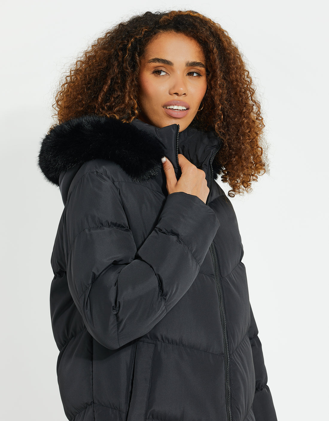 Women's Black Longline Chevron Quilted Coat With Faux Fur Trim Hood ...