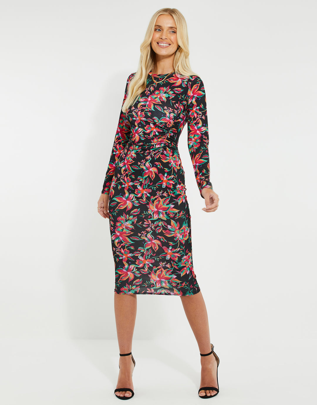 Black Floral Ruched Midi Dress