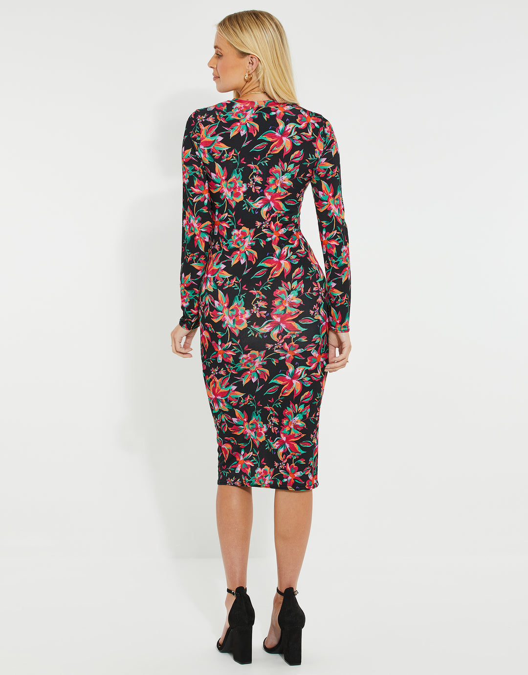 Black Floral Ruched Midi Dress