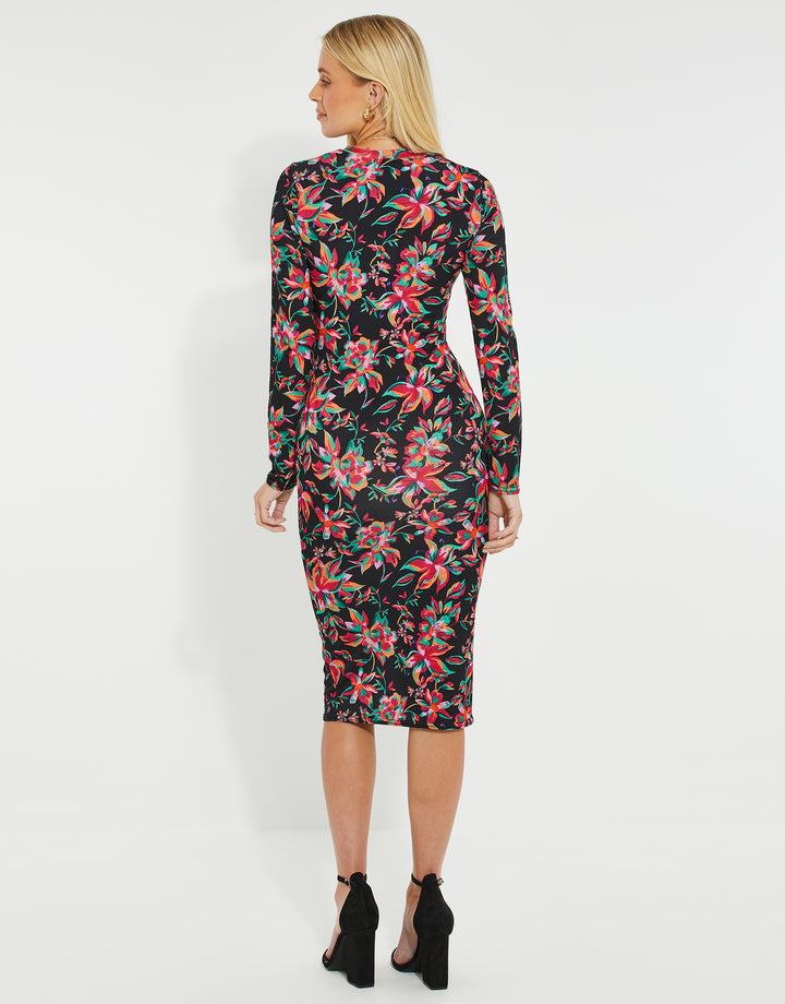 Black Floral Ruched Midi Dress