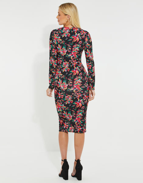 Women's Black Floral Print Long Sleeve Ruched Ladies' Midi Dress ...