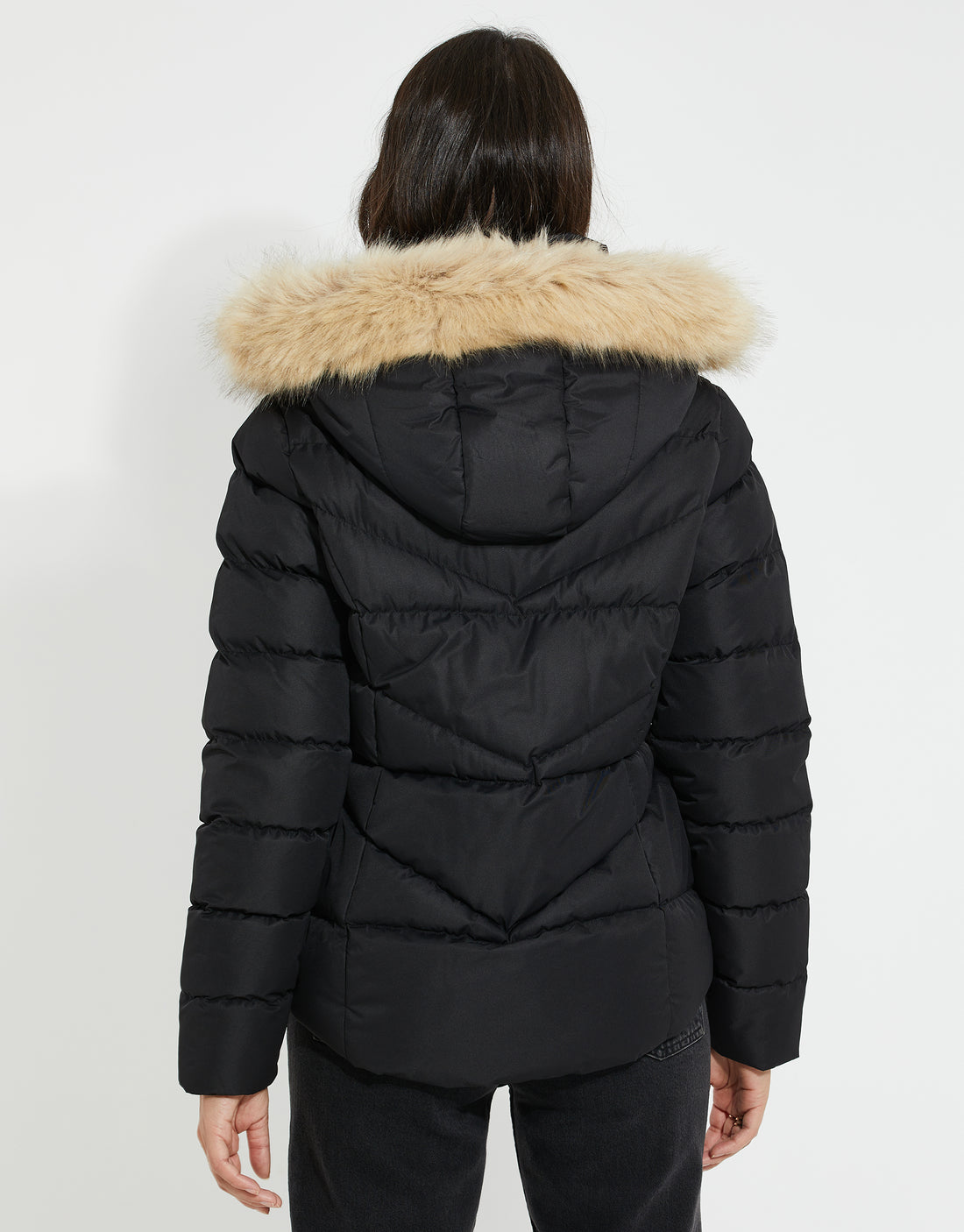Women's Black Fur Trim Short Length Hooded Puffer Coat Ladies' Parka ...