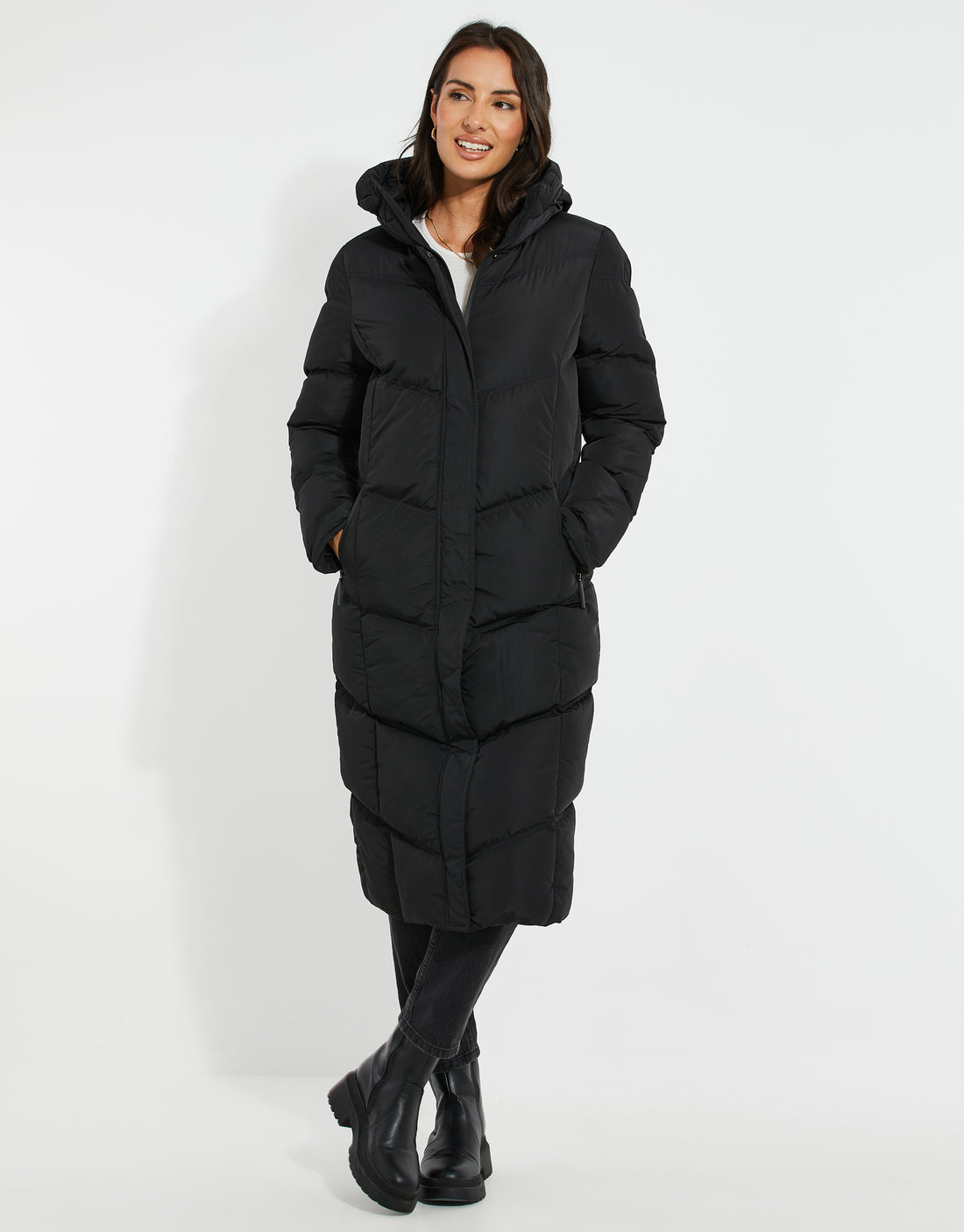 Women's Black Hooded Longline Padded Quilted Ladies' Puffer Jacket ...