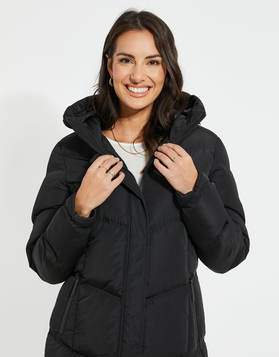 Threadbare Women's Black Hooded Longline Padded Quilted Ladies