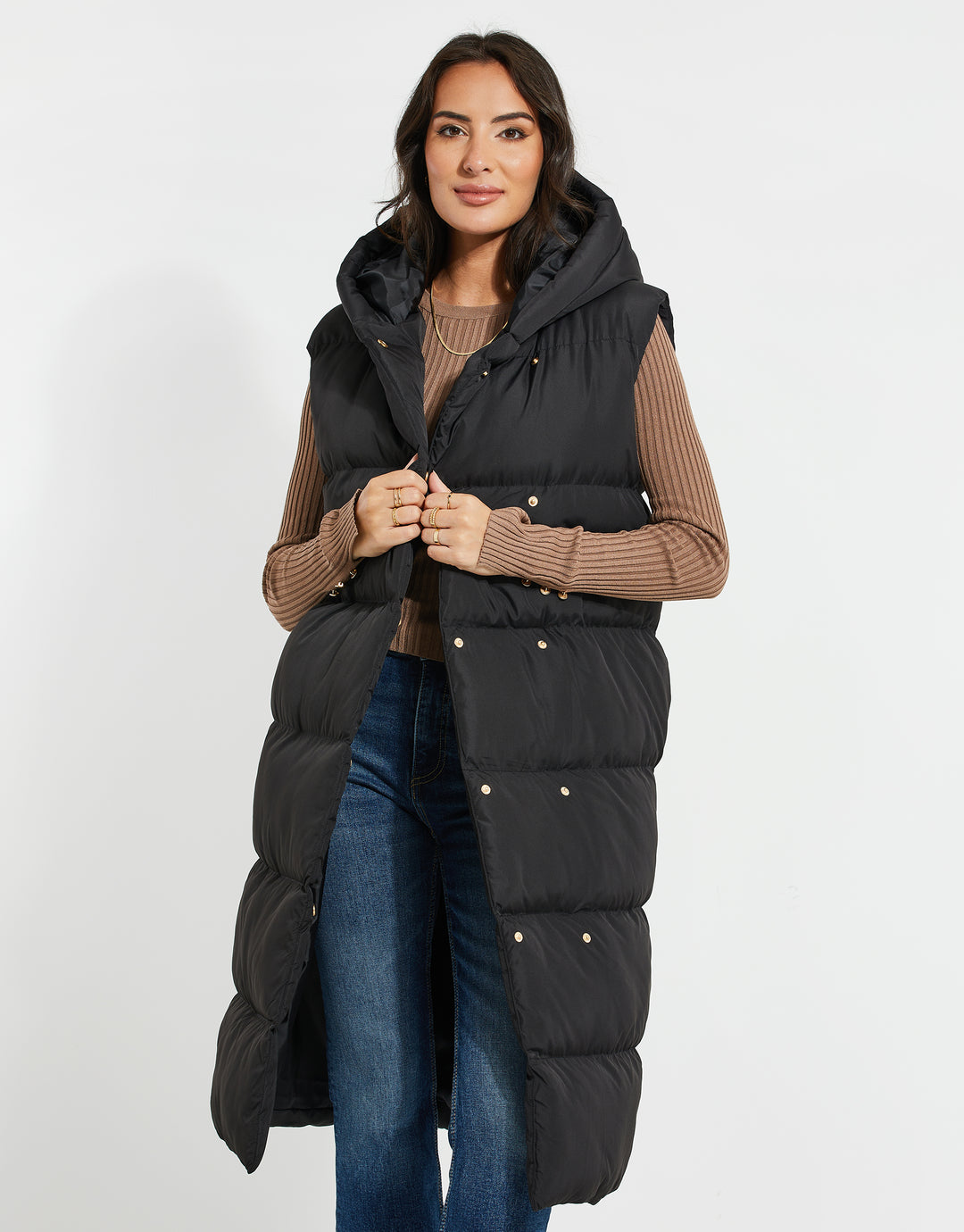 Black Hooded Wrap Padded Gilet
