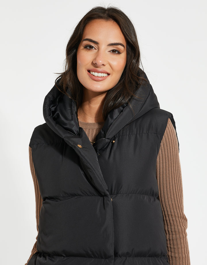 Black Hooded Wrap Padded Gilet