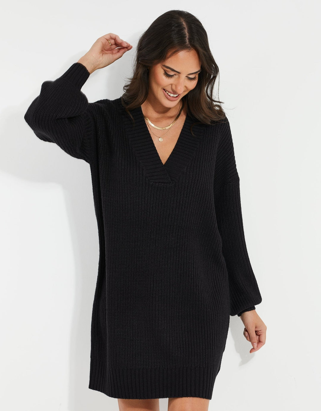 Threadbare Women's V-Neck Knitted Jumper Dress in Black
