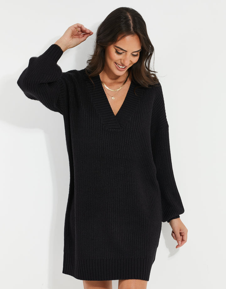 Black V-Neck Knitted Jumper Dress