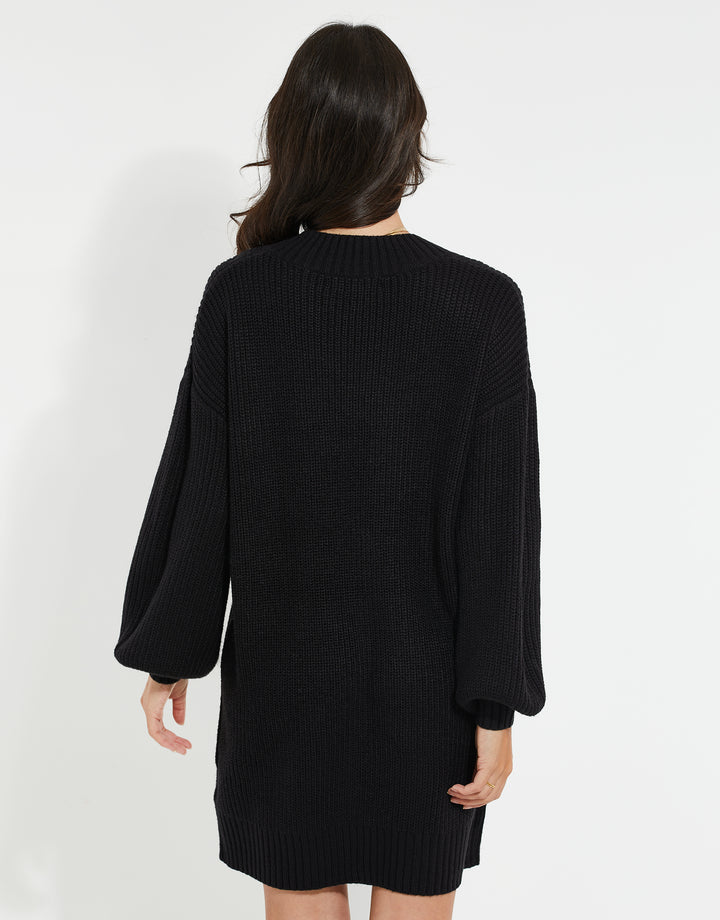 Black V-Neck Knitted Jumper Dress