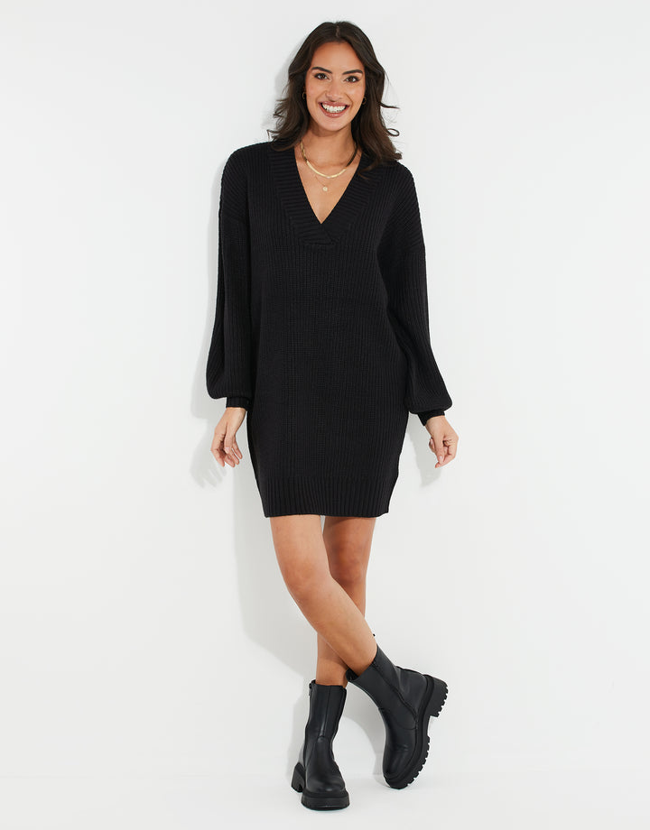 Black V-Neck Knitted Jumper Dress