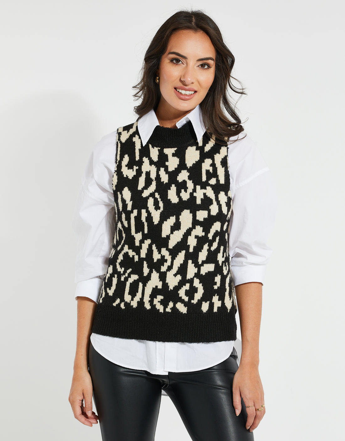 Women's Black Leopard Print Crew Neck Ladies' Knitted Vest